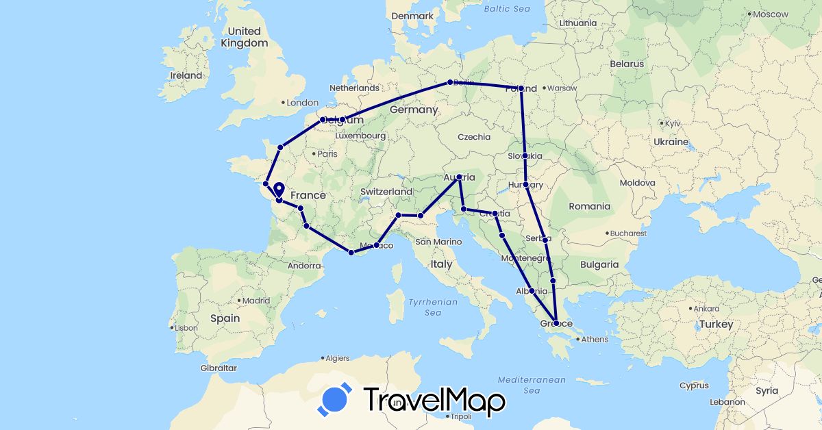 TravelMap itinerary: driving in Albania, Austria, Bosnia and Herzegovina, Belgium, Germany, France, Greece, Croatia, Hungary, Italy, Monaco, Macedonia, Poland, Serbia, Slovenia, Slovakia (Europe)
